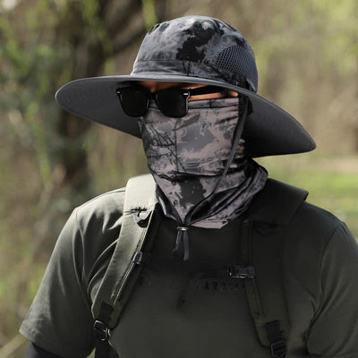 2Pcs Men's Camouflage Face Mask Large Brim Bucket Hat