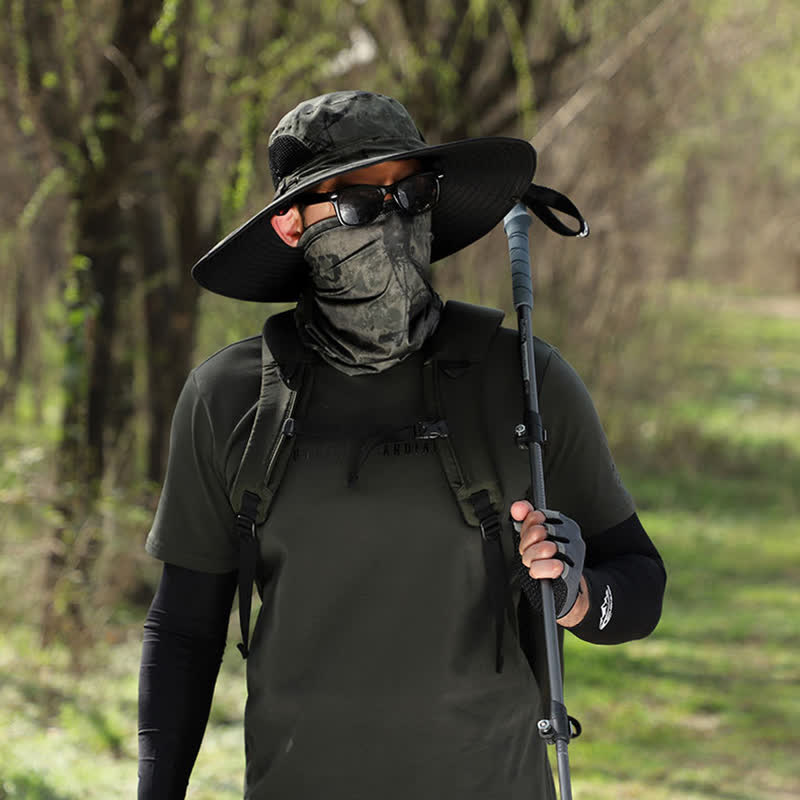 2Pcs Men's Camouflage Face Mask Large Brim Bucket Hat