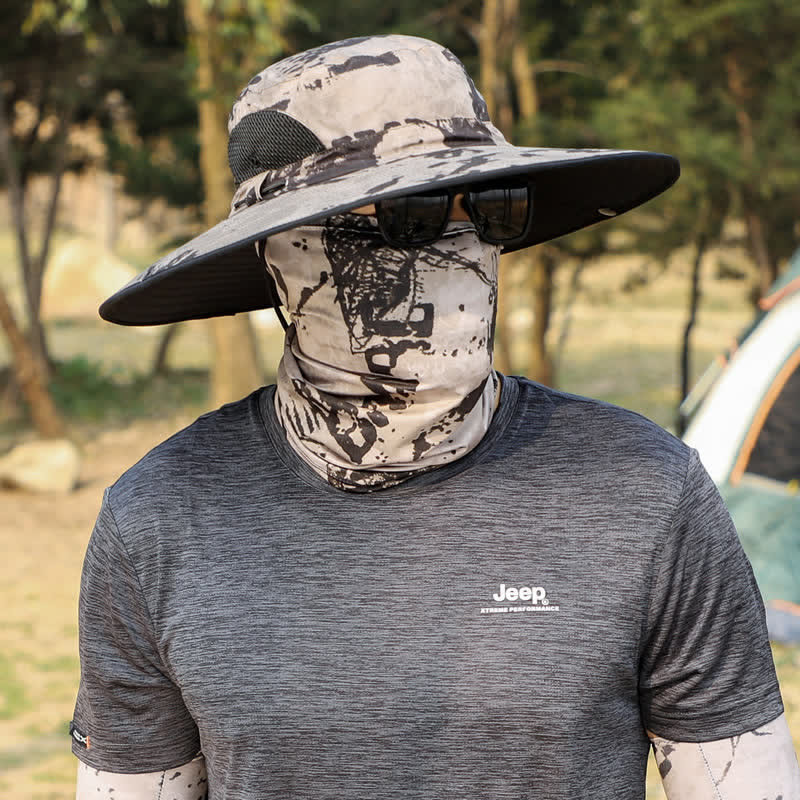 2Pcs Men's Camouflage Face Mask Large Brim Bucket Hat