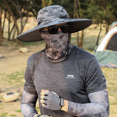 2Pcs Men's Camouflage Face Mask Large Brim Bucket Hat