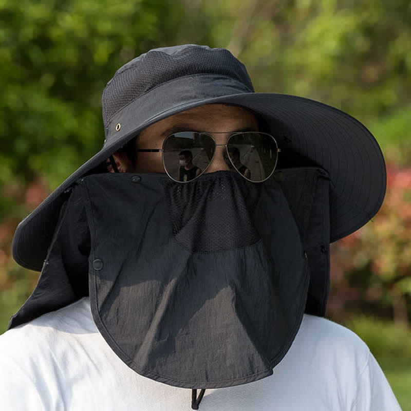 Men's Removable Neck Cover Foldable Big Brim Bucket Hat
