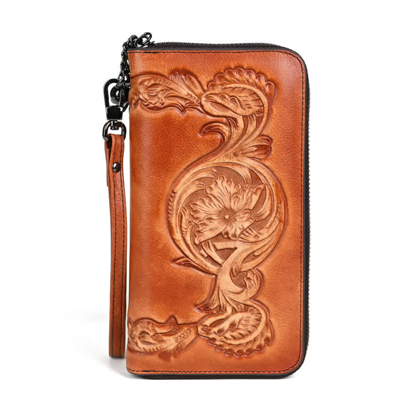 Women's Elegant Floral Long Leather Wallet with Wrist Strap