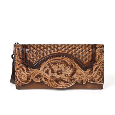 Women's Floral Long Three Folds Leather Wallet With Wrist Strap