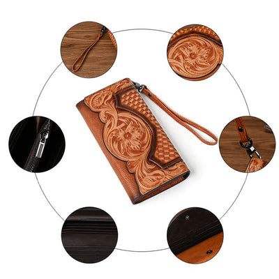 Women's Floral Long Three Folds Leather Wallet With Wrist Strap