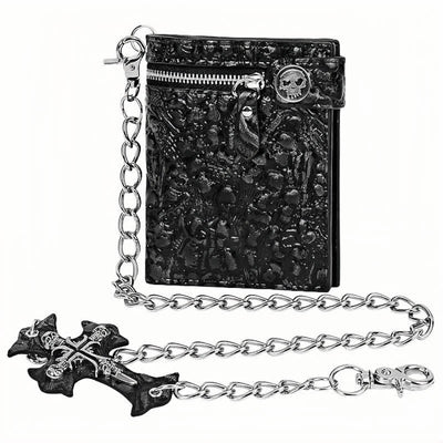 Black Gothic Death God Skull Leather Wallet With Chain
