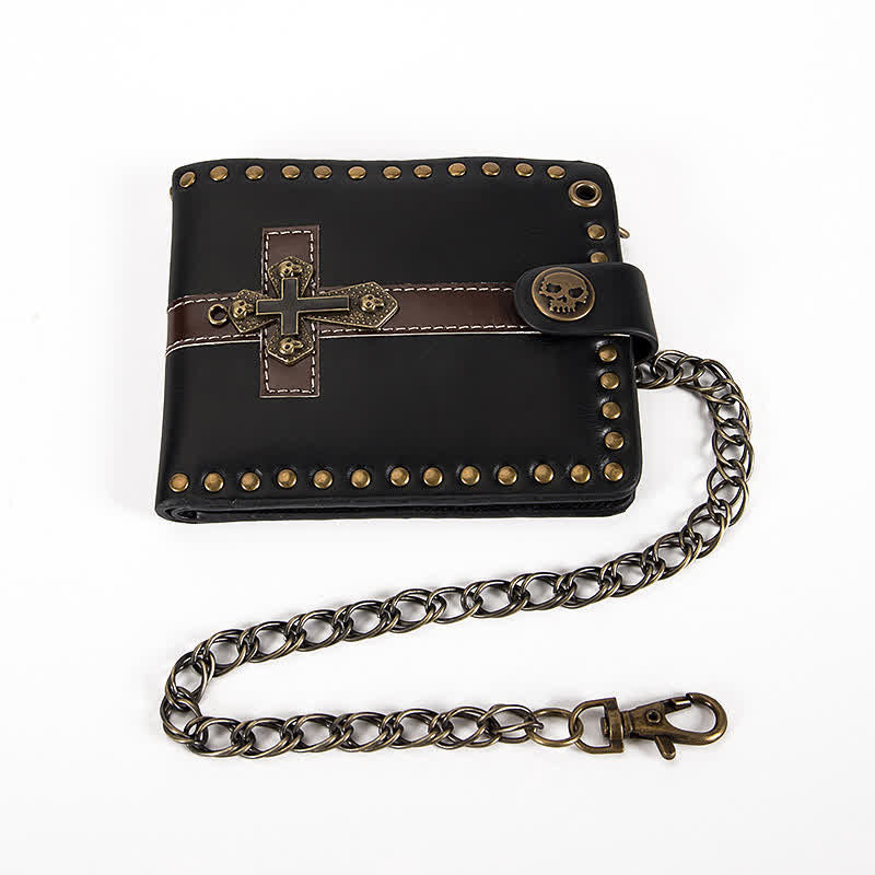 Skull Buckle Vintage Cross Chain Leather Wallet