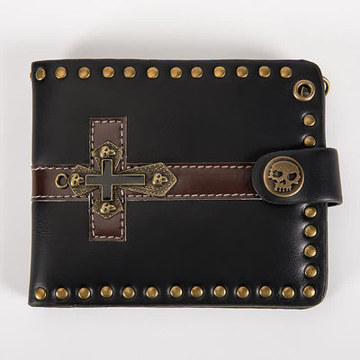 Skull Buckle Vintage Cross Chain Leather Wallet