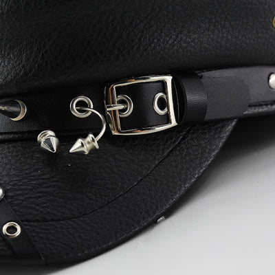 Women's Punk Rivet Navy Cap Black Leather Beret Hat