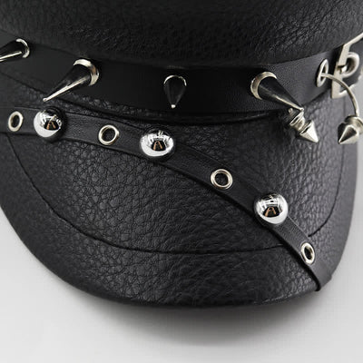 Women's Punk Rivet Navy Cap Black Leather Beret Hat