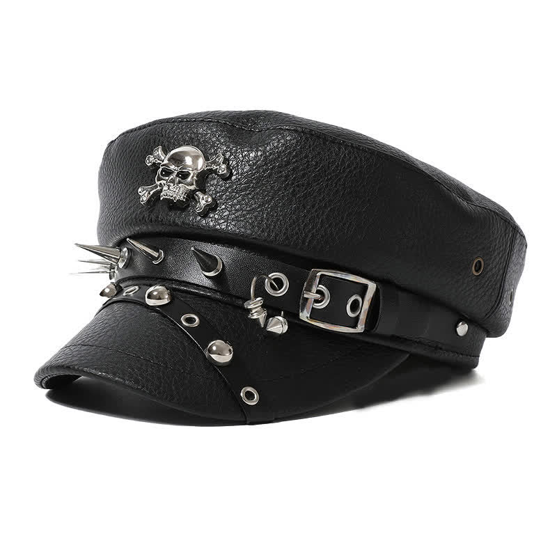 Women's Stylish Skull Rivet Navy Cap Black Leather Beret Hat