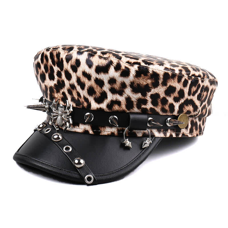 Women's Leopard Print Leather Beret Hat With Rivet Decors