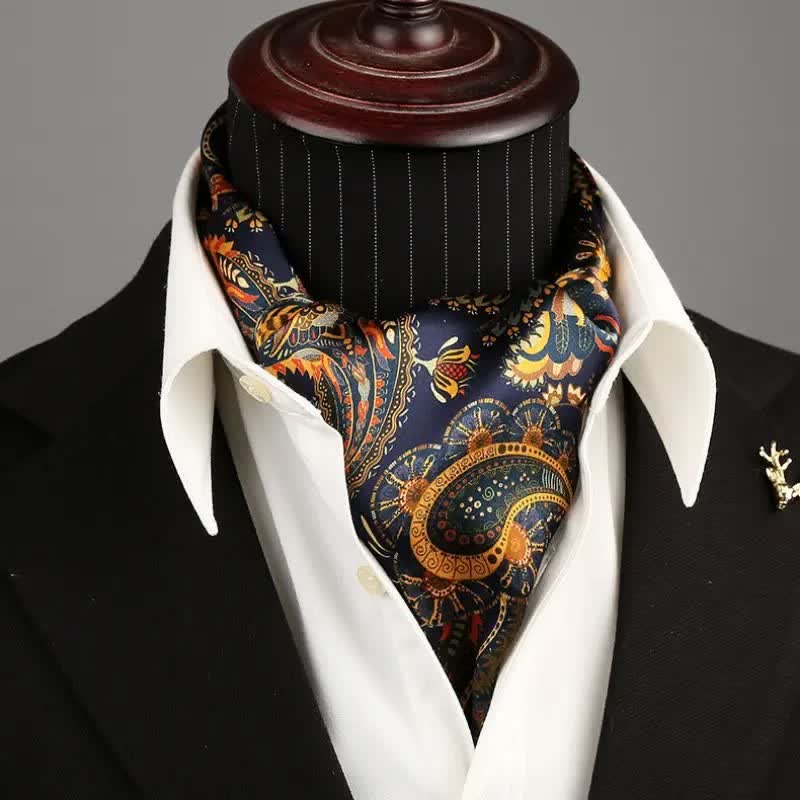 Men's Navy & Gold Paisley Reversible Design Thin Long Silk Scarf
