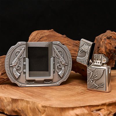 Men's DIY Silver Eagle Guns Leather Belt with Hidden Lighter