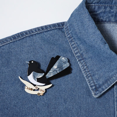Black & Blue Magpie Bird Handmade Acrylic Brooch