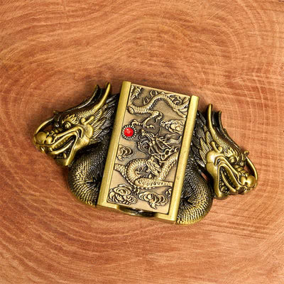 Men's DIY Bronze Double Dragons Leather Belt with Hidden Lighter