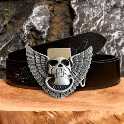 Men's DIY Skull Angel Wings Leather Belt with Hidden Lighter