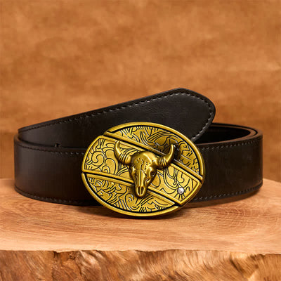 Men's DIY Bronze Longhorn Bull Hidden Folding Knife Leather Belt