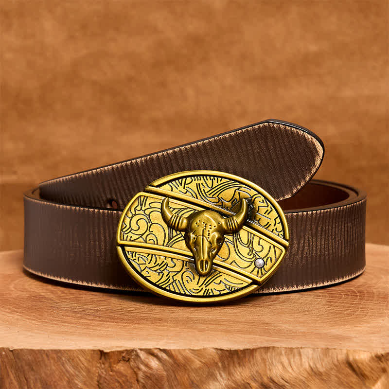 Men's DIY Bronze Longhorn Bull Hidden Folding Knife Leather Belt