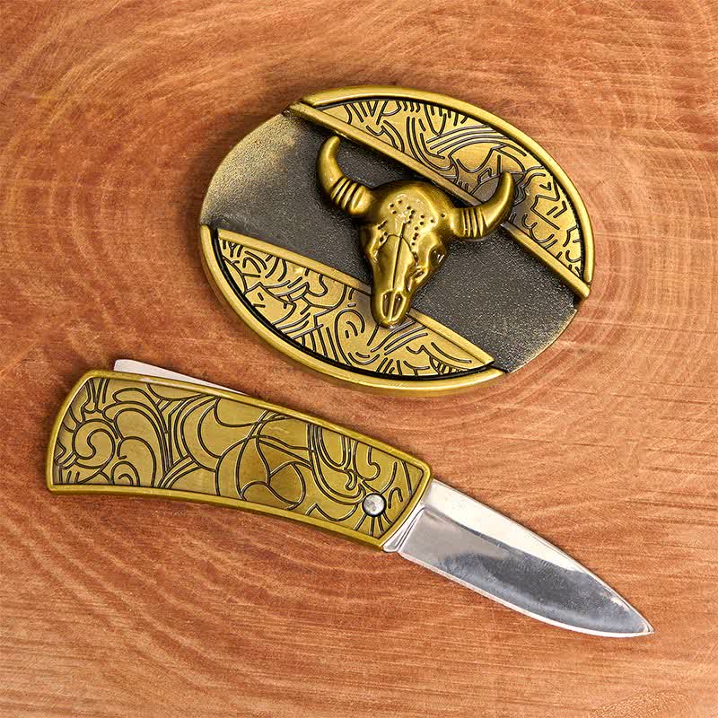 Men's DIY Bronze Longhorn Bull Hidden Folding Knife Leather Belt