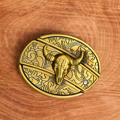 Men's DIY Bronze Longhorn Bull Hidden Folding Knife Leather Belt