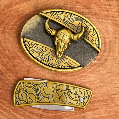 Men's DIY Bronze Longhorn Bull Hidden Folding Knife Leather Belt