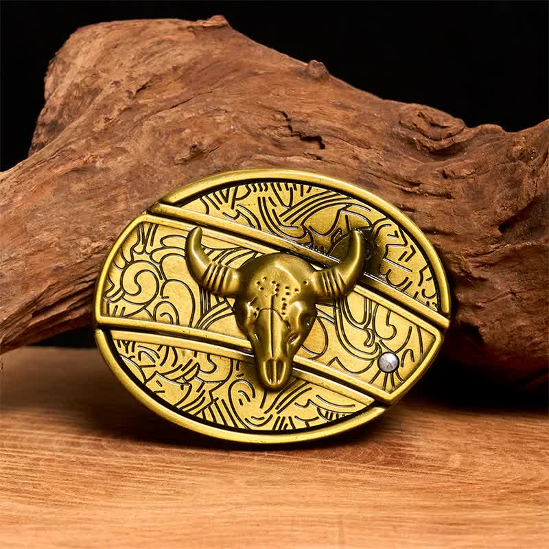 Men's DIY Bronze Longhorn Bull Hidden Folding Knife Leather Belt