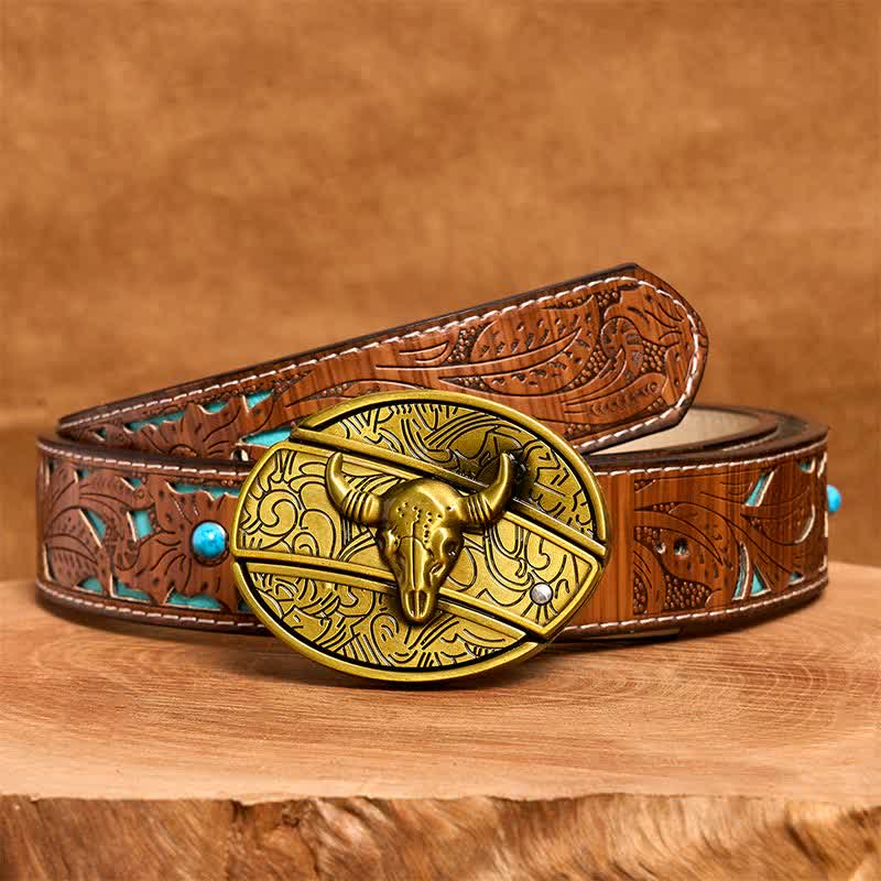 Men's DIY Bronze Longhorn Bull Hidden Folding Knife Leather Belt