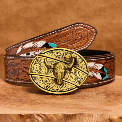 Men's DIY Bronze Longhorn Bull Hidden Folding Knife Leather Belt