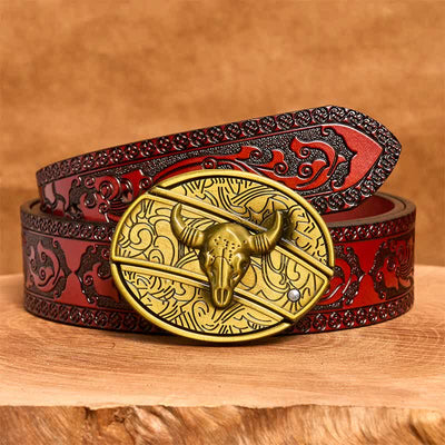 Men's DIY Bronze Longhorn Bull Hidden Folding Knife Leather Belt