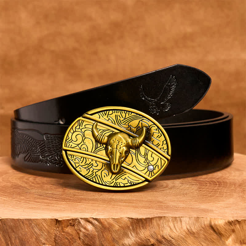 Men's DIY Bronze Longhorn Bull Hidden Folding Knife Leather Belt