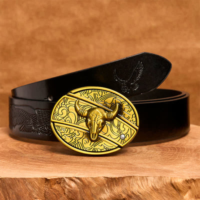 Men's DIY Bronze Longhorn Bull Hidden Folding Knife Leather Belt
