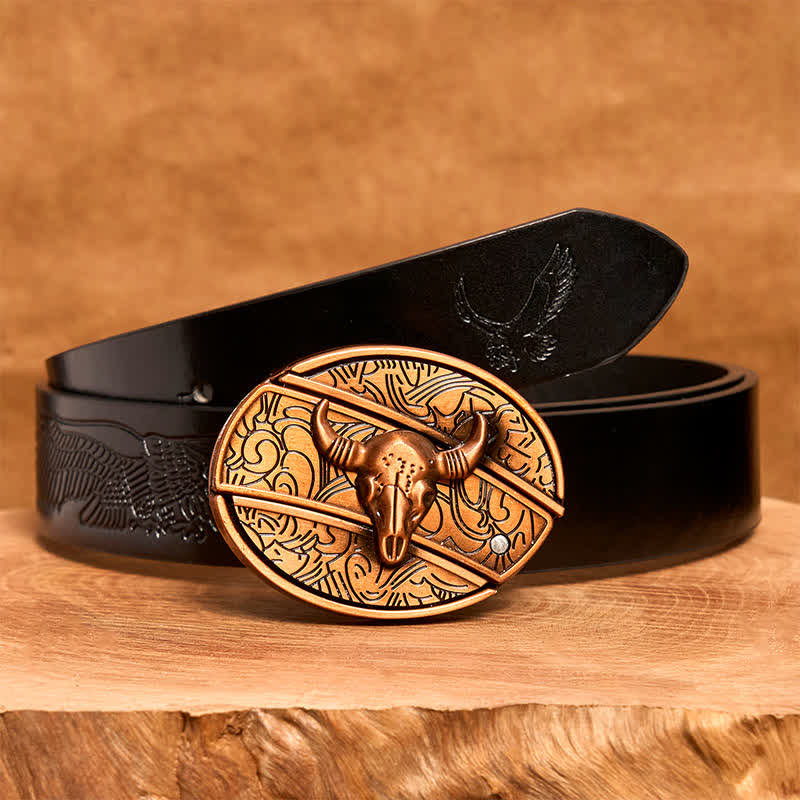 Men's DIY Red Bronze Longhorn Bull Hidden Folding Knife Leather Belt