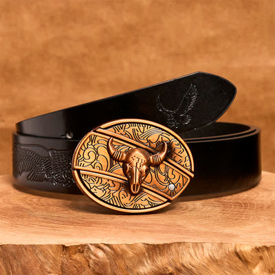 Men's DIY Red Bronze Longhorn Bull Hidden Folding Knife Leather Belt