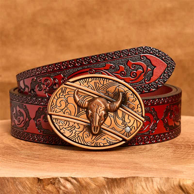 Men's DIY Red Bronze Longhorn Bull Hidden Folding Knife Leather Belt