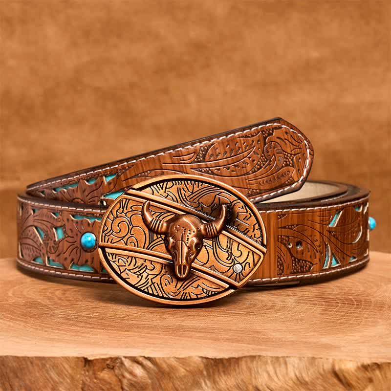 Men's DIY Red Bronze Longhorn Bull Hidden Folding Knife Leather Belt