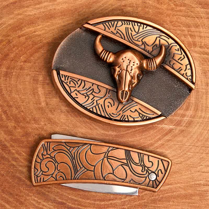 Men's DIY Red Bronze Longhorn Bull Hidden Folding Knife Leather Belt