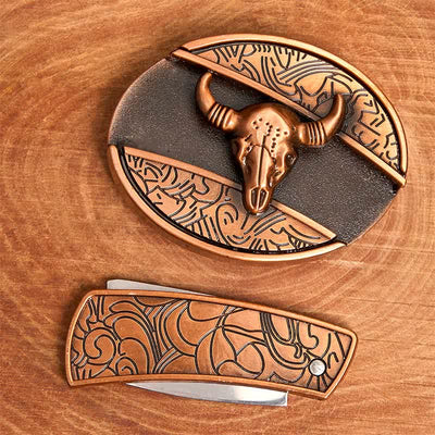 Men's DIY Red Bronze Longhorn Bull Hidden Folding Knife Leather Belt