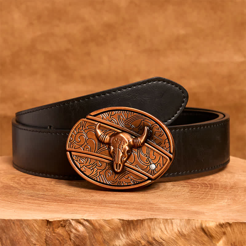 Men's DIY Red Bronze Longhorn Bull Hidden Folding Knife Leather Belt