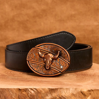 Men's DIY Red Bronze Longhorn Bull Hidden Folding Knife Leather Belt