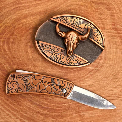Men's DIY Red Bronze Longhorn Bull Hidden Folding Knife Leather Belt