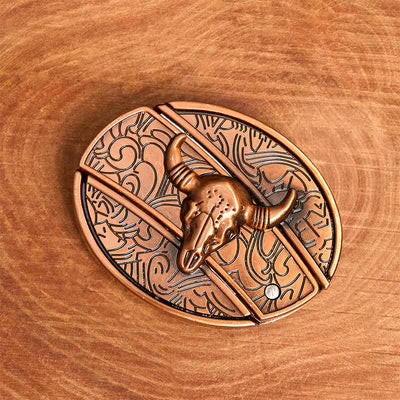 Men's DIY Red Bronze Longhorn Bull Hidden Folding Knife Leather Belt