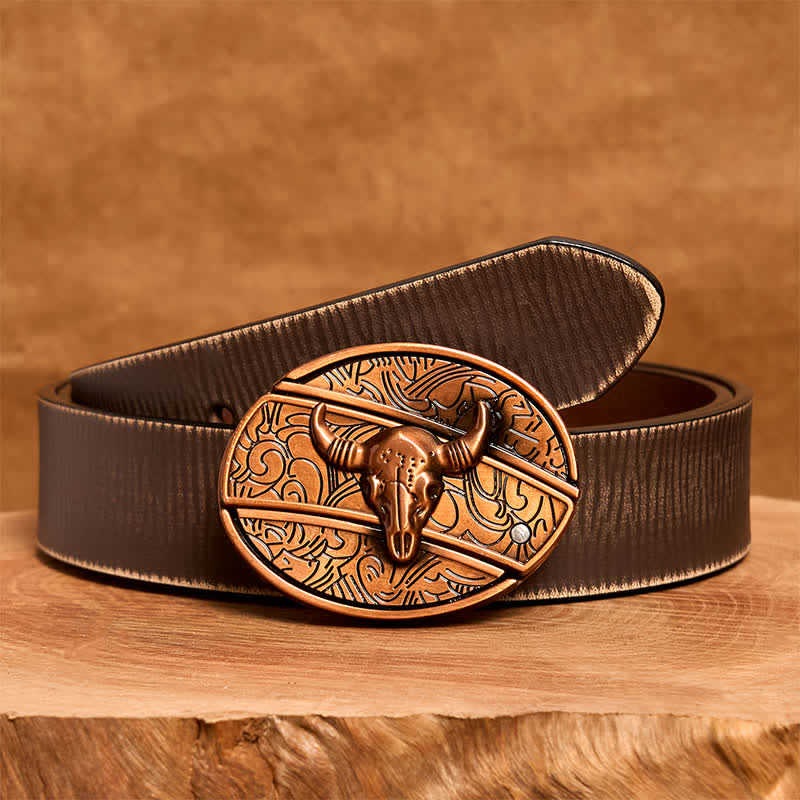 Men's DIY Red Bronze Longhorn Bull Hidden Folding Knife Leather Belt