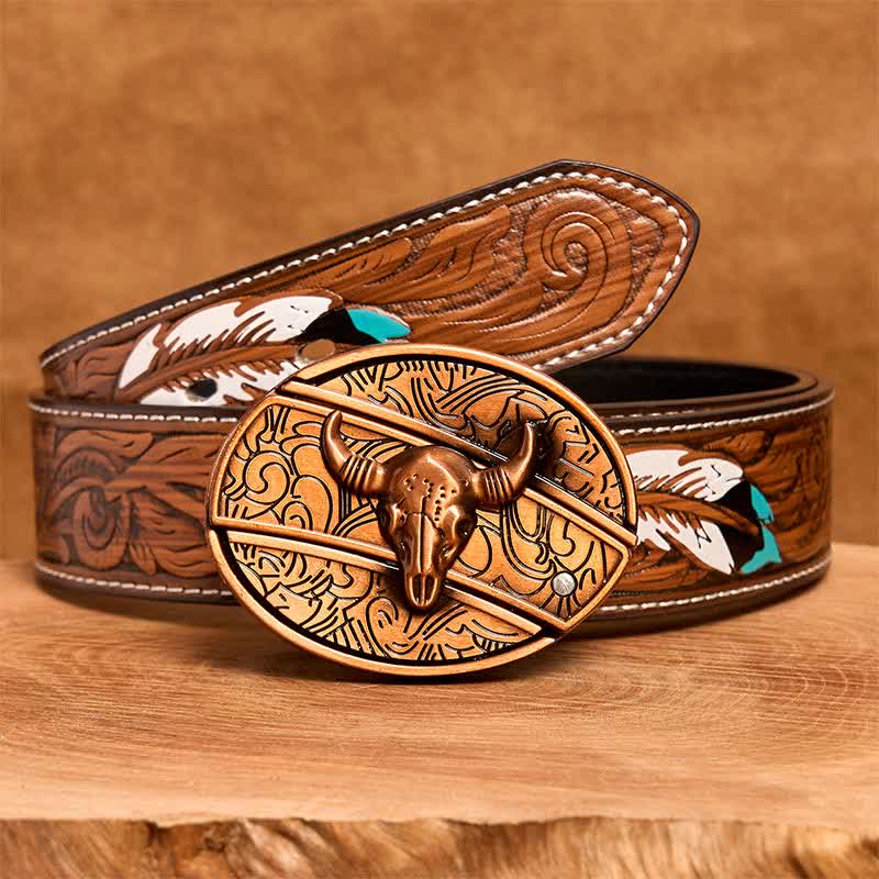Men's DIY Red Bronze Longhorn Bull Hidden Folding Knife Leather Belt