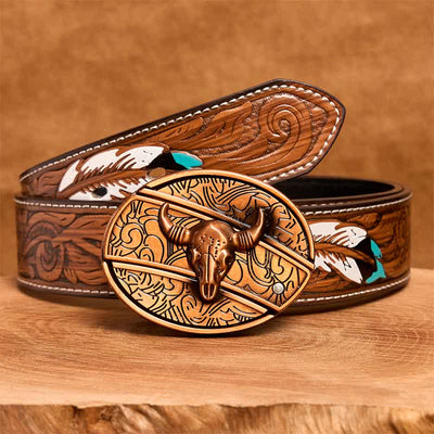 Men's DIY Red Bronze Longhorn Bull Hidden Folding Knife Leather Belt