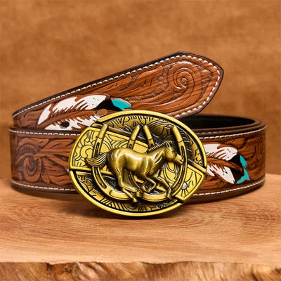 Men's DIY Bronze Galloping Horse Hidden Folding Knife Leather Belt