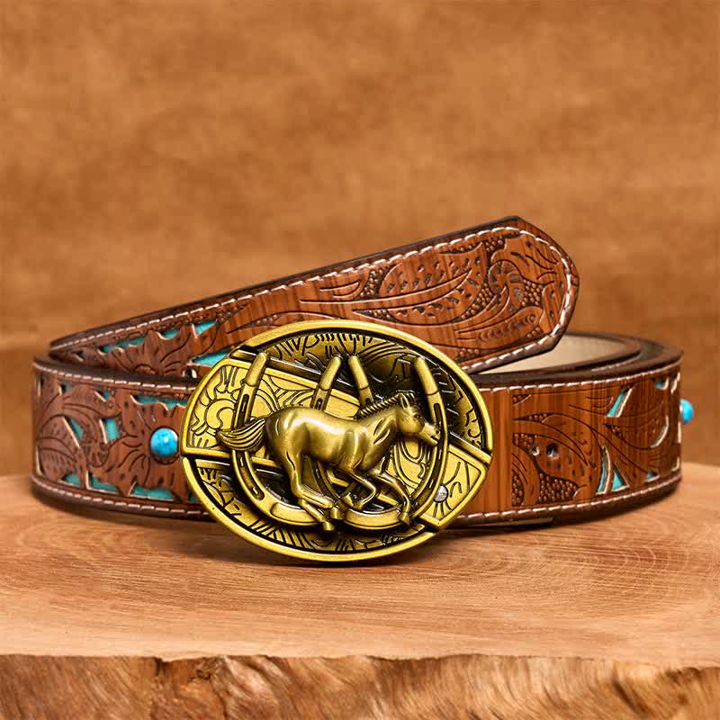 Men's DIY Bronze Galloping Horse Hidden Folding Knife Leather Belt