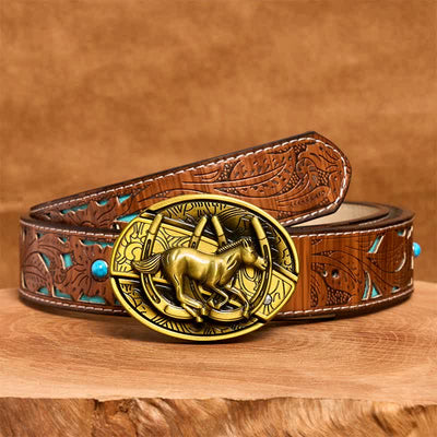 Men's DIY Bronze Galloping Horse Hidden Folding Knife Leather Belt