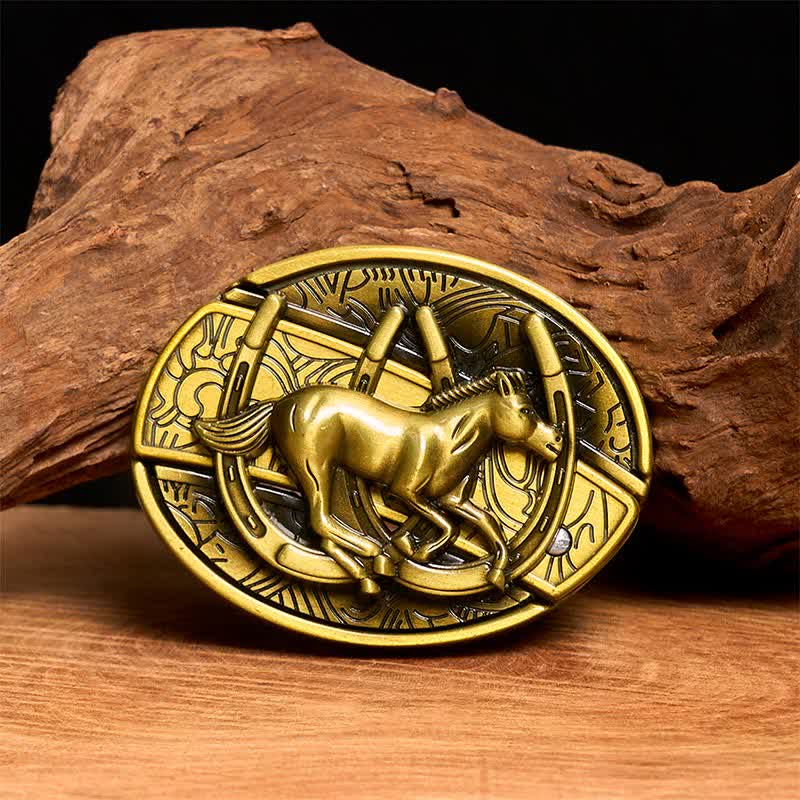 Men's DIY Bronze Galloping Horse Hidden Folding Knife Leather Belt