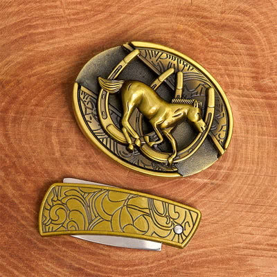 Men's DIY Bronze Galloping Horse Hidden Folding Knife Leather Belt