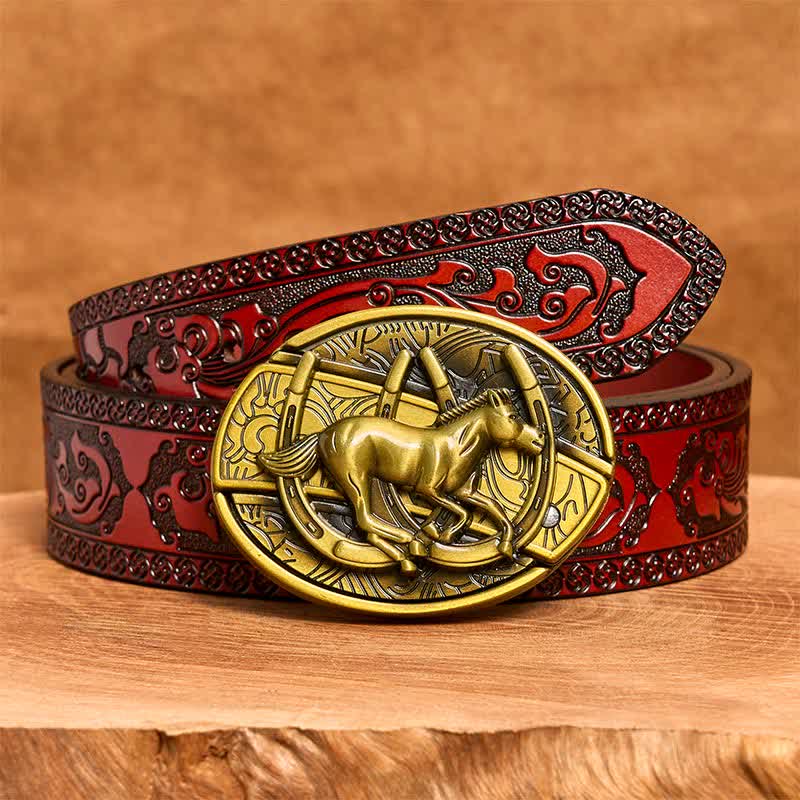 Men's DIY Bronze Galloping Horse Hidden Folding Knife Leather Belt